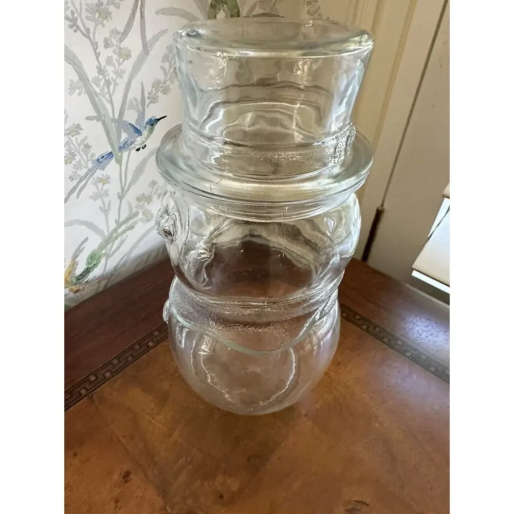 Vintage Libbey Glass Clear Snowman Jar with Lid Christmas Candy Jar